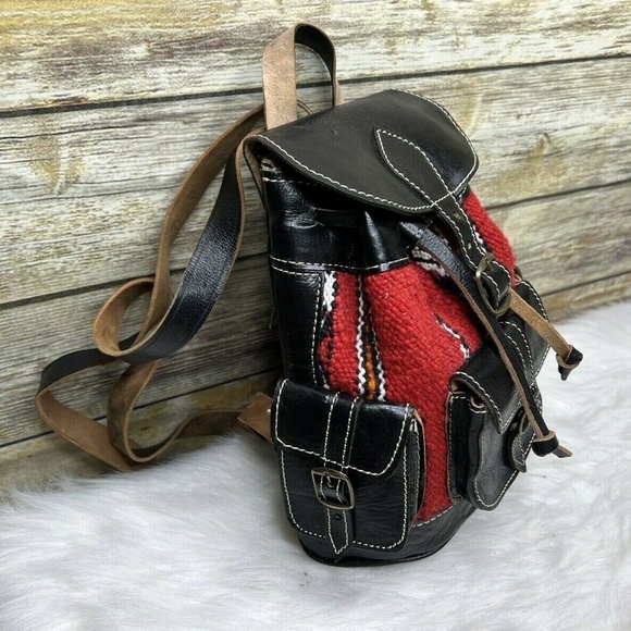 Red Kilim Tapestry Wool Fabric Black Leather Trim Drawstring Small Mini Backpack main image 6